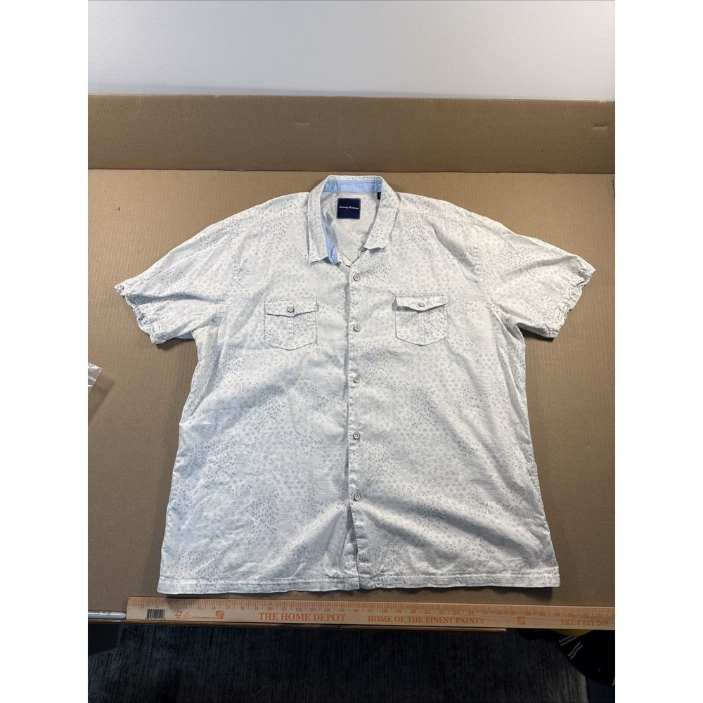 Tommy Bahama Shirt Mens XL Beige Geometric Silk Blend Hawaiian Short Sleeve